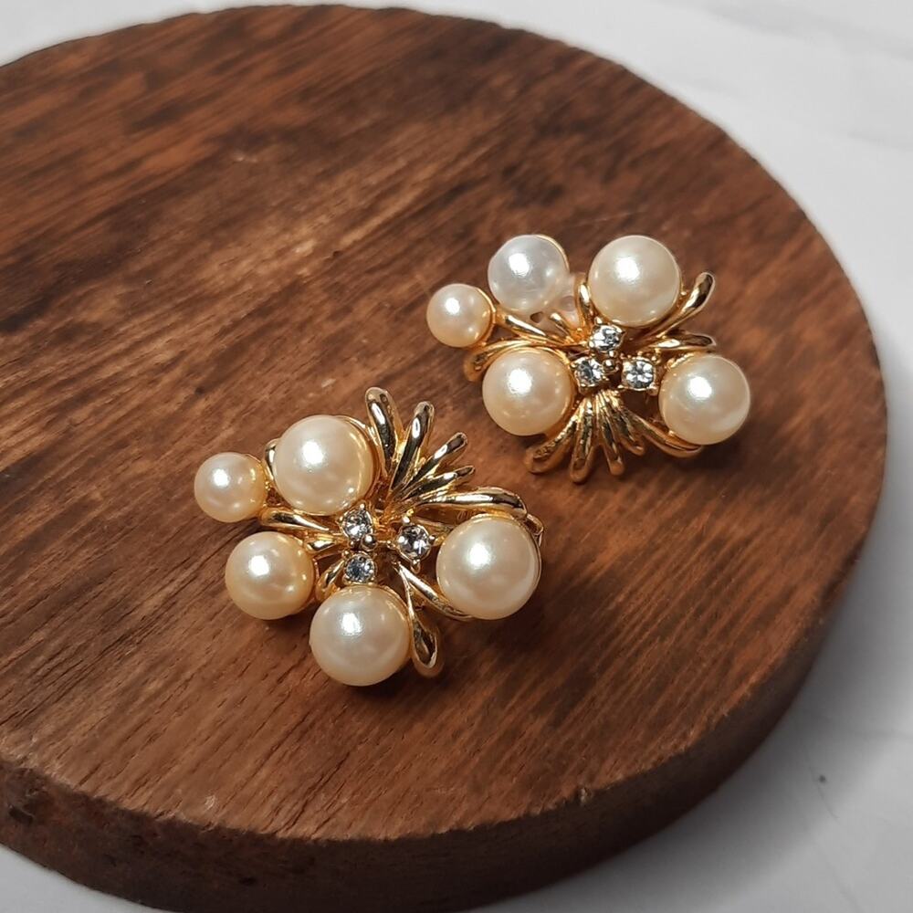 Gold Tone Faux Pearl Beaded Clip Earrings Rhinestone Embellished